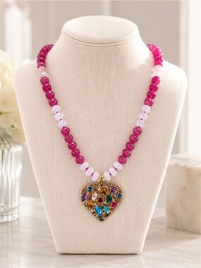 Pink & White Jade Beaded Heart Crystal Pendant Necklace - Women’s Jewelry